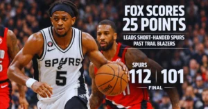 Fox scores 25 points to lead short-handed Spurs to defeat the Trail Blazers 112-101.