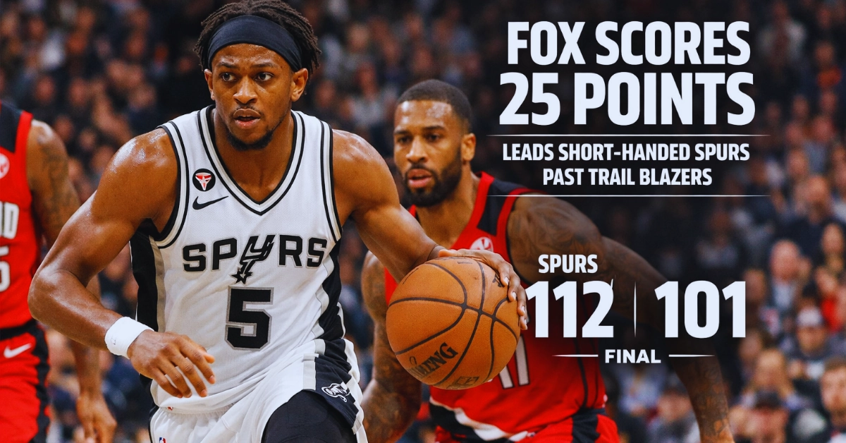Fox scores 25 points to lead short-handed Spurs to defeat the Trail Blazers 112-101.