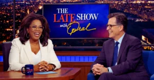 Oprah Winfrey'replaces' Stephen Colbert in the Late Show hot seat for a possible 'last interview.'
