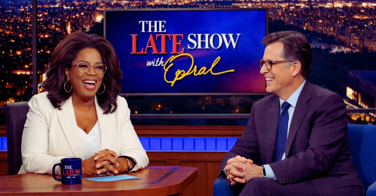 Oprah Winfrey'replaces' Stephen Colbert in the Late Show hot seat for a possible 'last interview.'